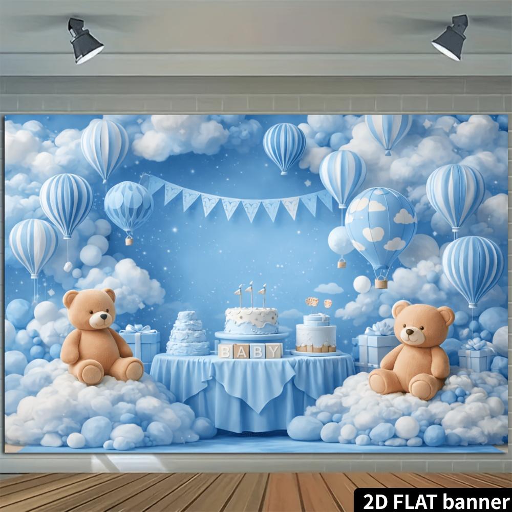 2D plane blue and white hot air balloon teddy bear with BABY letters as the background fabric. Starry clouds with blue color.