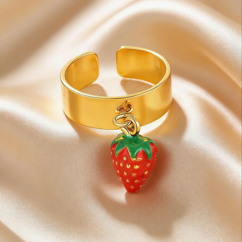 Fashion Fruit Strawberry Pendant Open Ring for Women Stainless Steel 6mm Wide Chunky Ring Chic Creative Finger Jewelry Gifts