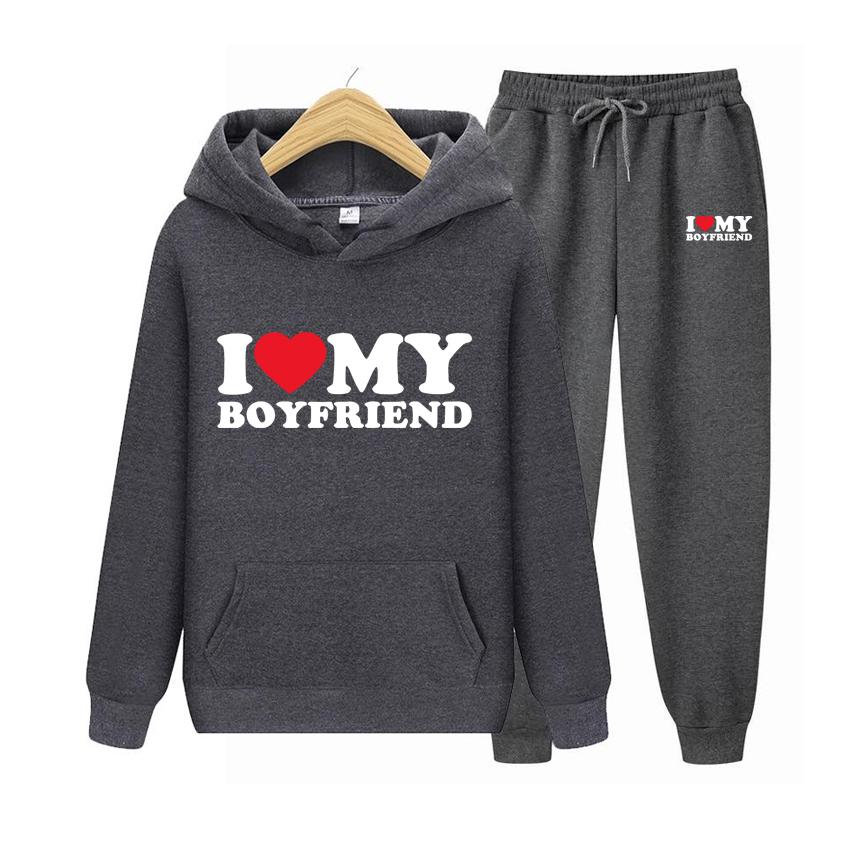 Мужской костюм «I Love My Boyfriend», комплект из двух предметов, толстовка с капюшоном, женская толстовка, осенние мужские комплекты с капюшоном и брюками