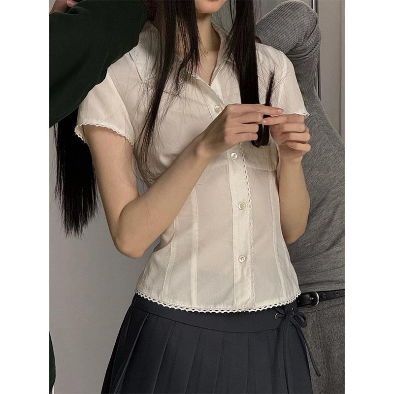 Y2K белые рубашки женские Harajuku Jk кружевные блузки с короткими рукавами летние консервативные кавайные корейские модные базовые тонкие шикарные топы новые