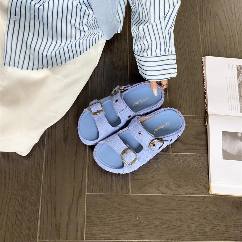 Thick-bottomed Heightening Boken Cool Slippers Women's Summer New Leather Flat-bottomed Casual Belt Buckle One-word Slippers