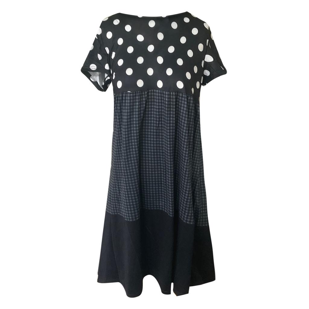 Модное женское свободное клетчатое платье с волнистыми точками в стиле пэчворк с v-образным вырезом и короткими рукавами