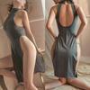 Women Slit Night Dress Sleeveless Backless Porno Pajamas Transparent Erotic Slim Nightwears+Thongs Sexy Short Mini Dresses
