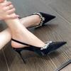 French Suede Rhinestone Edged Black Sexy Temperament Shallow Mouth Pointed High Heels Women's 2025 New Beautiful Sandals