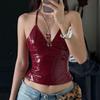 High Street Sexy Babes Chic Beauty Back Camisoles American Style PU Glossy Backless Cropped Trim Tops Fashion V-neck Red Vest