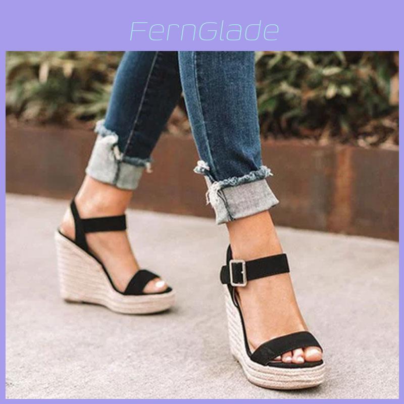 Elegant Summer Hemp Ladies Peep Toe Rope Wedge Sandals With Buckle Ankle Strap