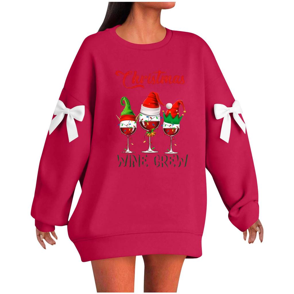 Ladies' Christmas Printed Bow Round Neck Long Sleeved Loose Pullover Sweater Sweatshirt Top