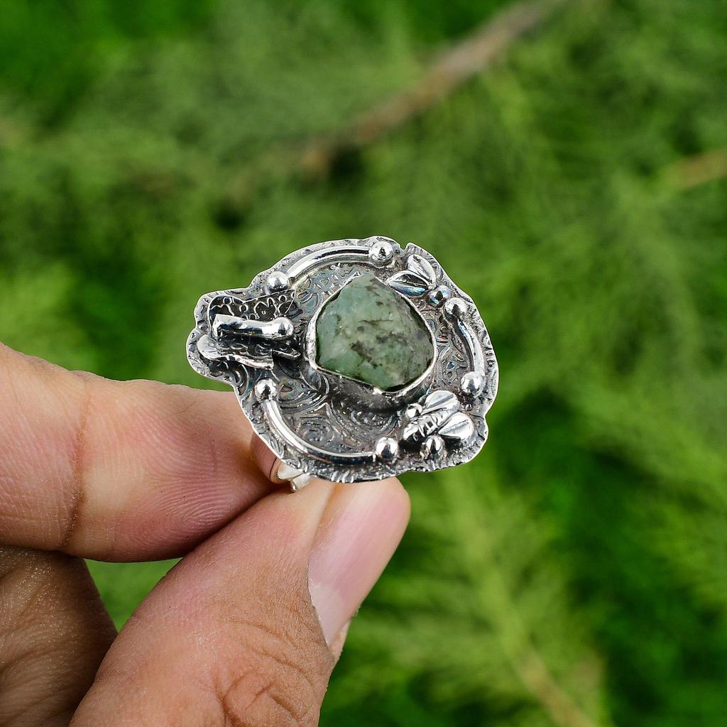 Сделка ко Дню матери Хризопраз Необработанный камень Кольцо с безелем-обещанием Серебро 925 пробы