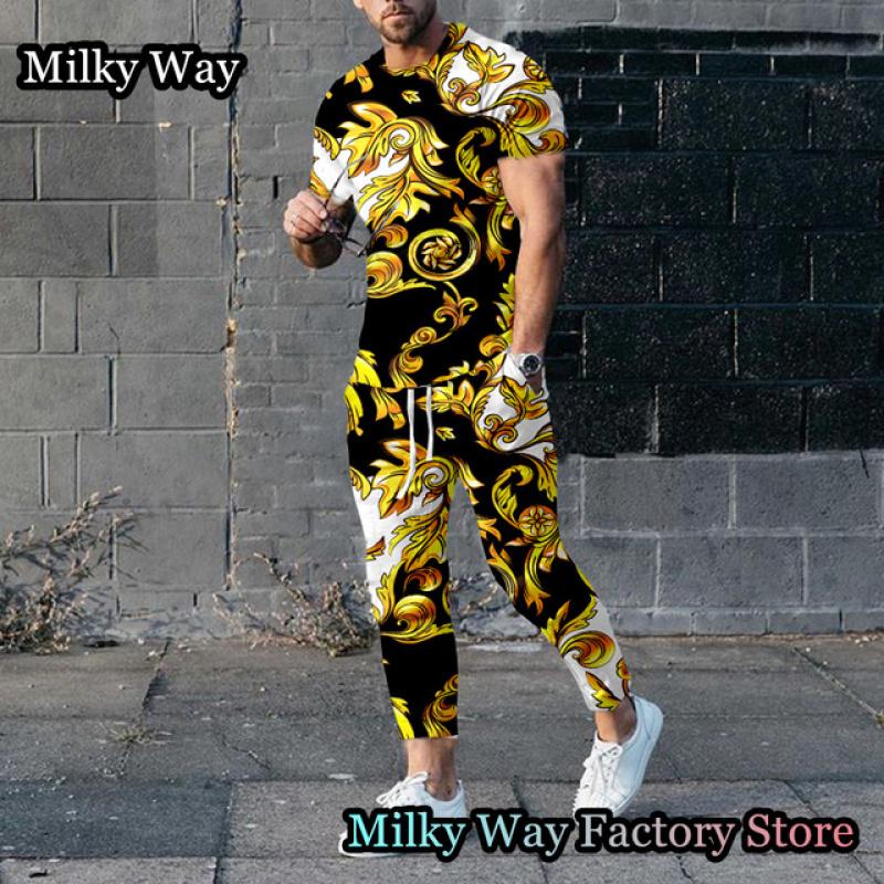 Роскошный мужской спортивный костюм с принтом цепочки, летний комплект из 2 предметов, футболка и брюки, винтажный спортивный костюм, мужская модная одежда, ретро наряд
