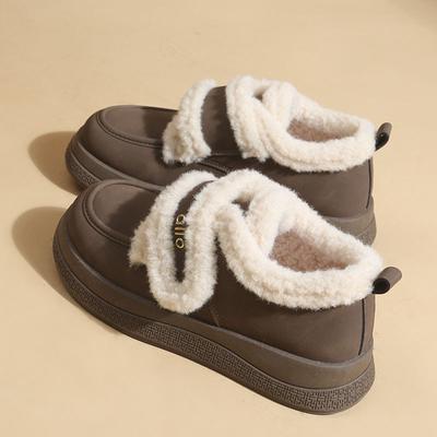 Кожаные женские новые зимние бархатные теплые сноубутсы на толстой подошве на пушистой хлопковой обуви