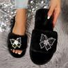 Fashion Rhinestone Butterfly Fluffy Indoor Slippers for Women Autumn Winter Warm Plush Home Slides Woman Open Toe Comfort Soft Slippers