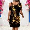 Women Plus Size One Shoulder Single Strap Short Sleeve Black Gold Printed Loose Dress