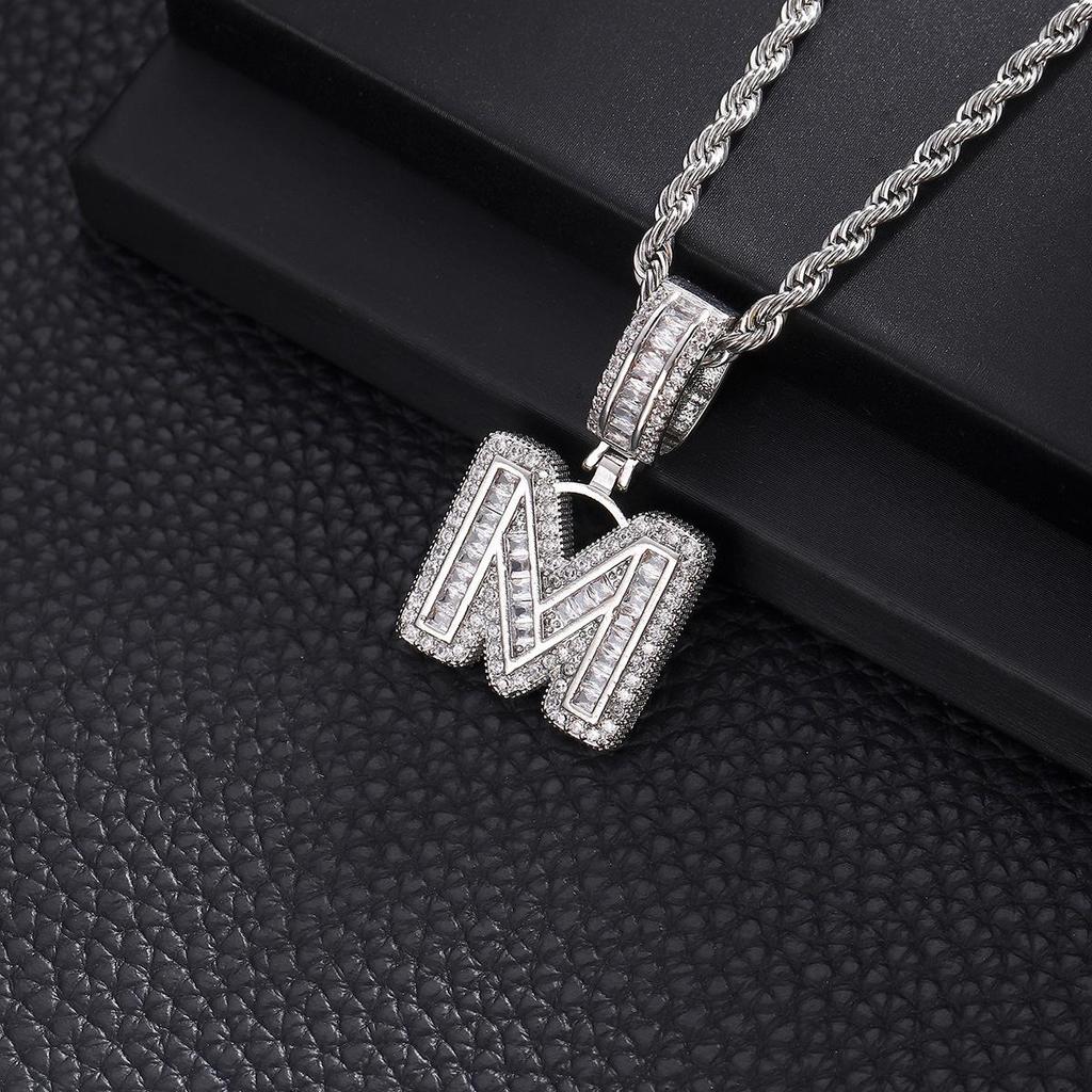Zircon Inlaid Rock Sugar Initial Pendant Necklace - European & American Hip-Hop Style