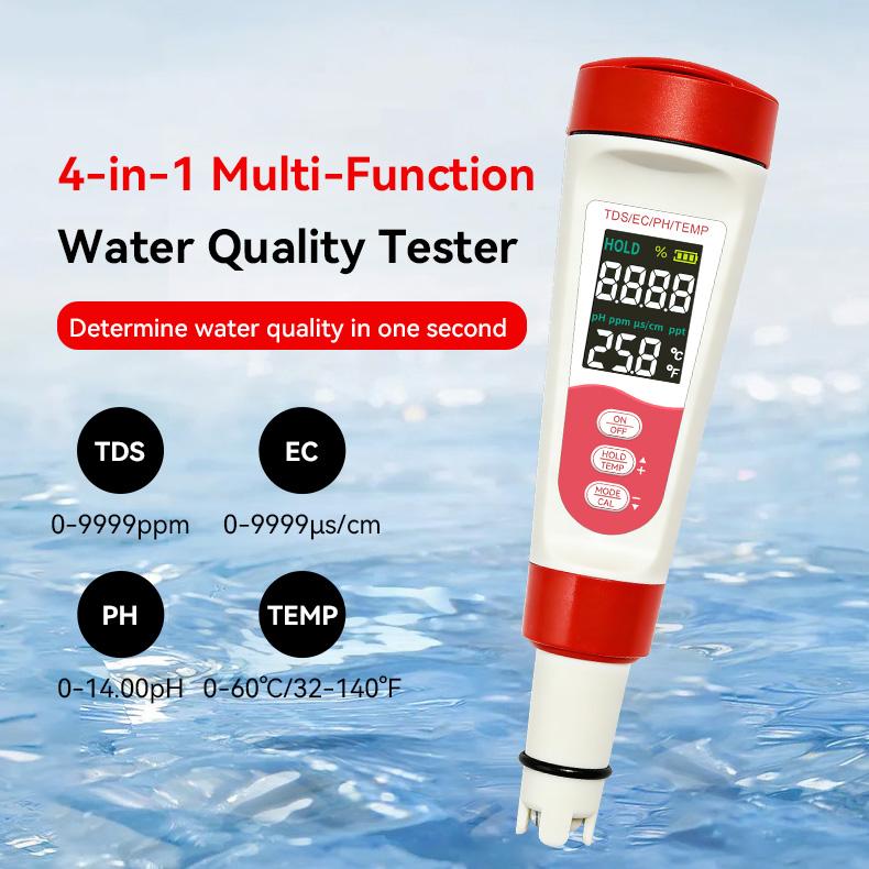 4 in 1 Water Quality Meter with Green Backlight Testing EC TDS PH Temp Water Tester & Purifier 1 Year Warranty IP65 Protection