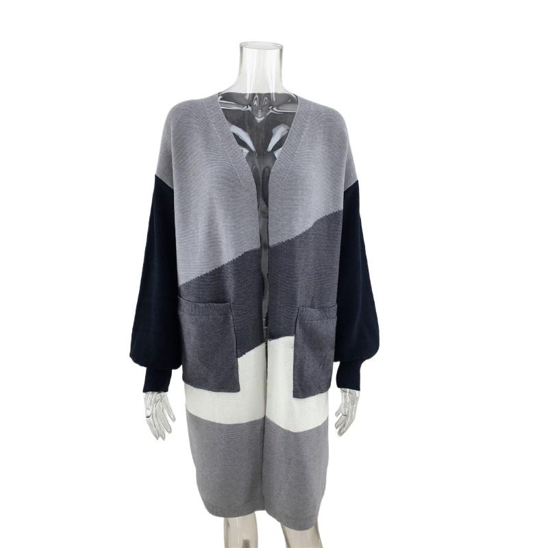 IHUASU Women's Autumn and Winter Models Commuter Large Size Splicing Striped Knitted Cardigan Long Loose Jumper