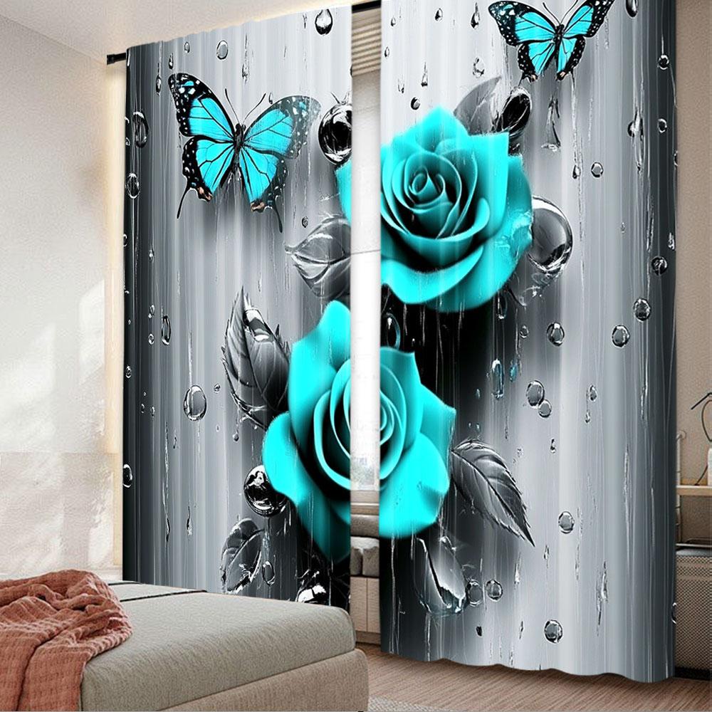 2Pcs Teal Rose Curtain Turquoise Floral Raindrops Art Window Drapes Suitable For Bedroom Bathroom Living Room