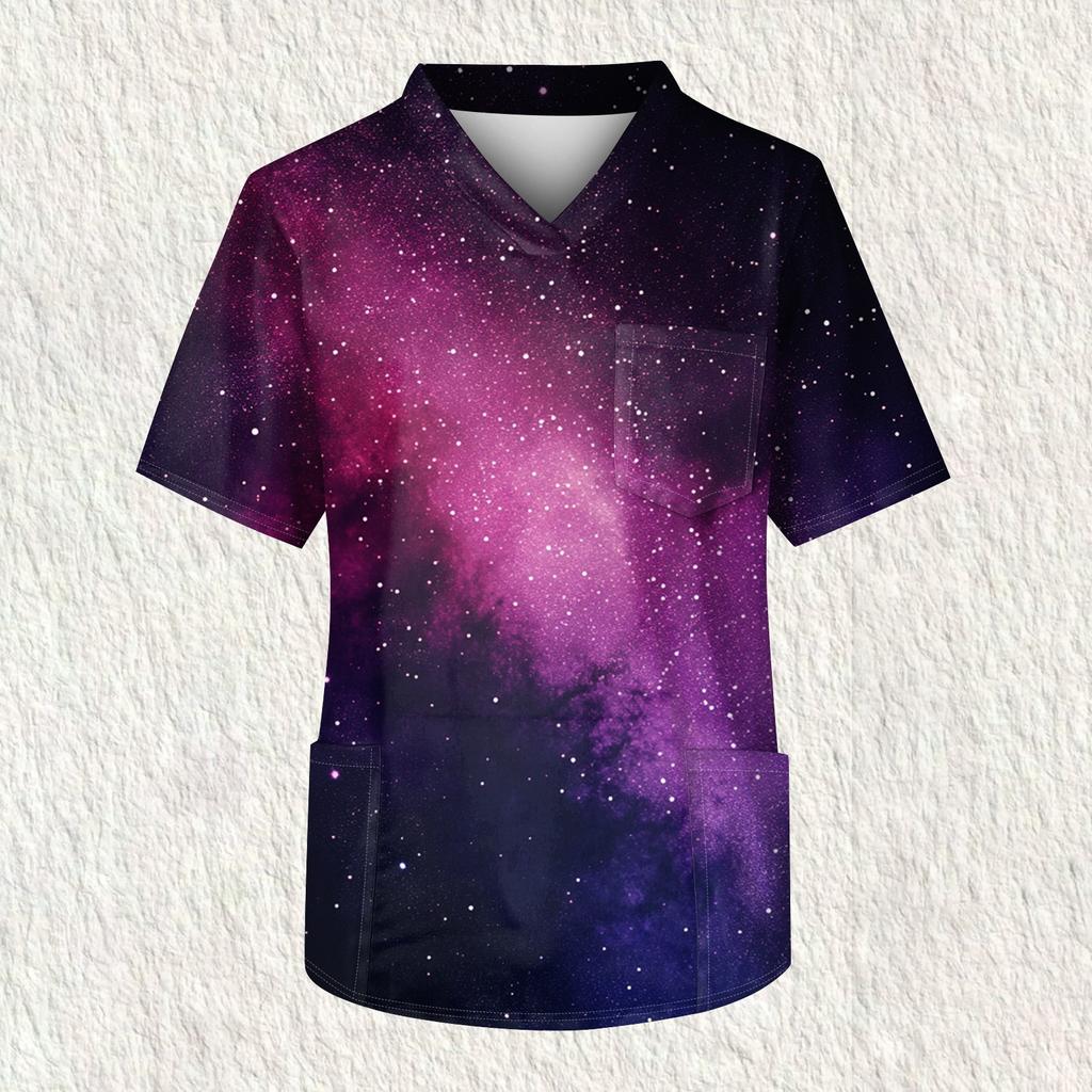 Мужская рабочая блузка с короткими рукавами и v-образным вырезом с принтом, топ с нагрудным карманом