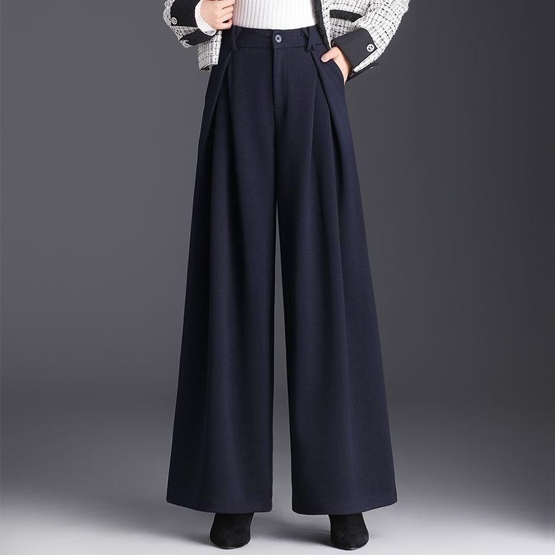Women's High-Waist Woolen Wide-Leg Winter Pants with Pockets – Slimming, Non-Iron, Casual, Thickened Design for Mothers