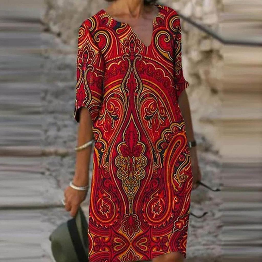 Женское свободное платье в народном стиле с v-образным вырезом и принтом больших размеров, повседневная талия, темперамент