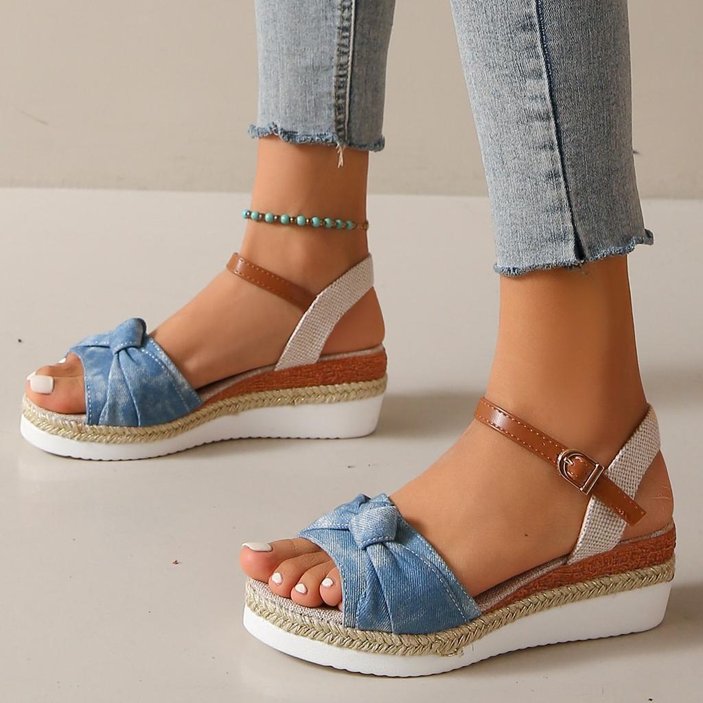 Летние новые босоножки на покатом каблуке с бантом, европейская и американская мода, импортные босоножки больших размеров, сандалии с пряжкой в виде рыбьего рта и подошвой из пеньковой веревки