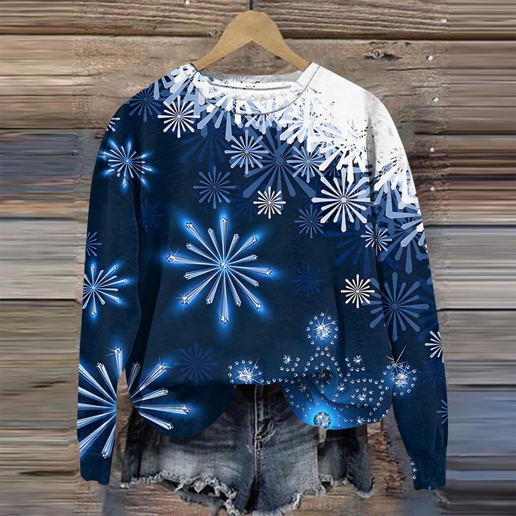 Женская мода круглый вырез пуловер длинный рукав футболка рождественский принт топ