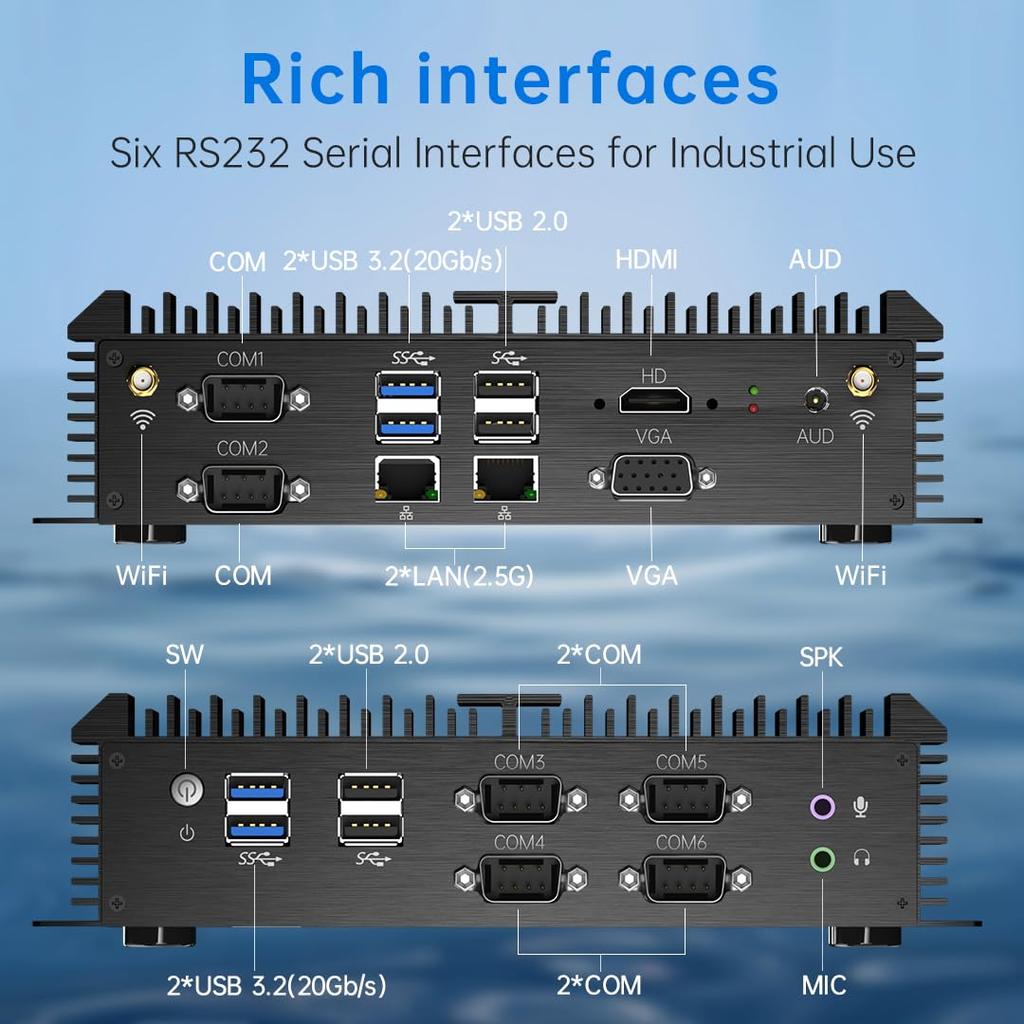 Mavsloly Mini Fanless Industrial Computer with Core 8G RAM 256G Dual NIC Support 4G Windows 11 Pro PC, i7-8550U, SSD, 2.5G LAN, 6COM RS232,