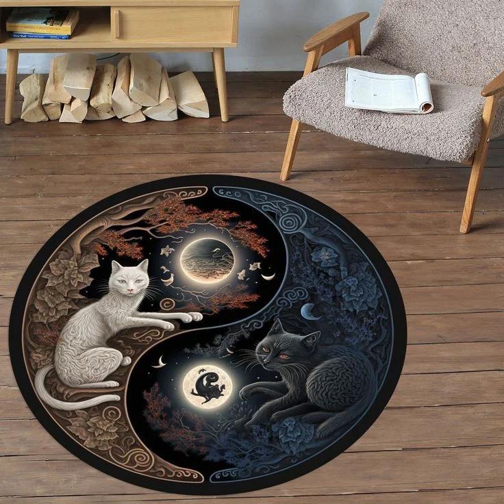 Yin and Yang Cat Round Carpet for Living Room Bedroom Decoration Non Slip Children's Room Crawling Floor Mat Popular Circle Rug
