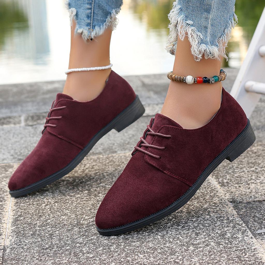 Мода Ретро Женские Балетки Повседневные Замшевые Однотонные Одинарные Туфли Женские На шнуровке с Острым Носком Обувь Весна Осень Толстый Каблук Мокасины