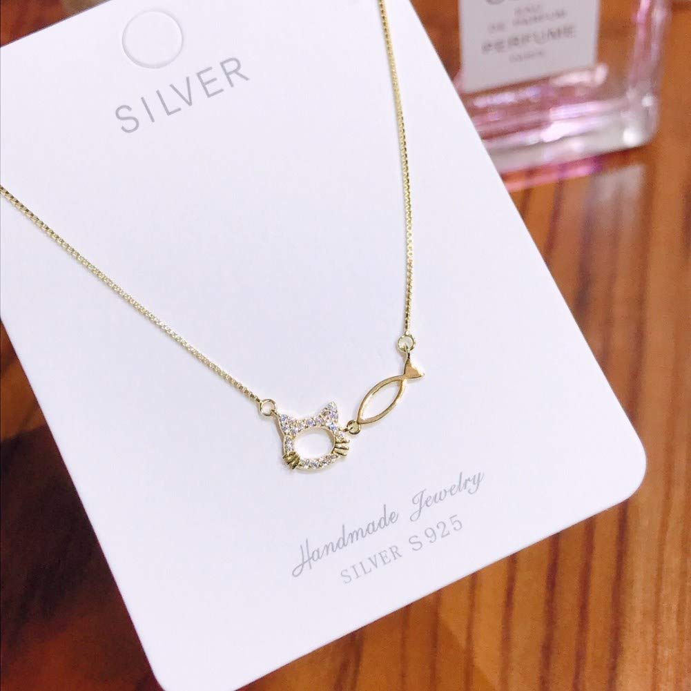 Cat Necklace for Women Gold Popular 925 Silver Zirconia Fish Cat Pendant Finish Sterling Silver Necklace Popular Christmas Gift [Rockyu]