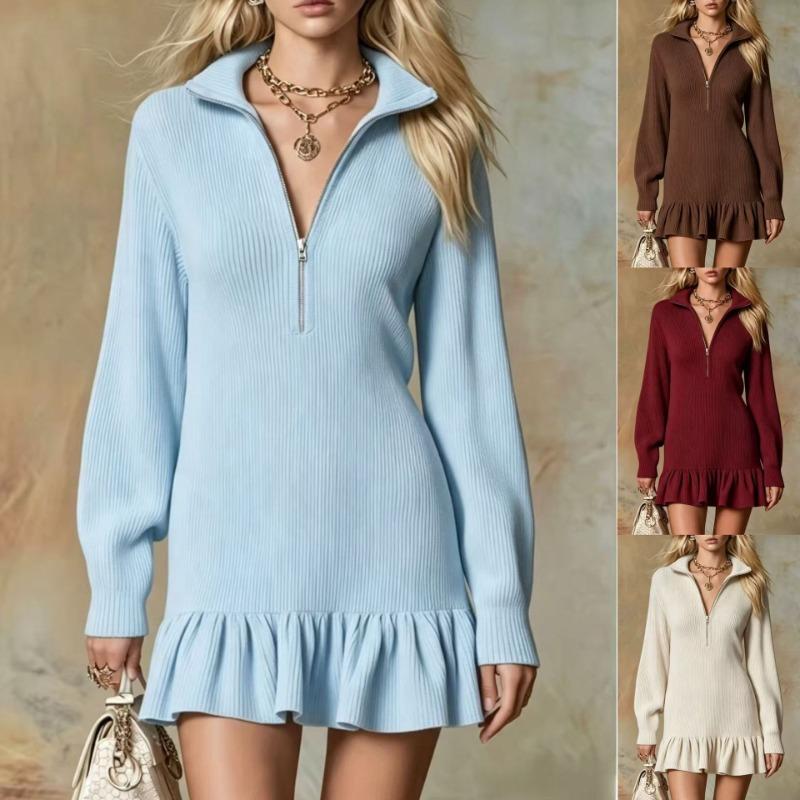 Women S Half Zip Ruffled Mini Dress Long Sleeve V Neck Casual
