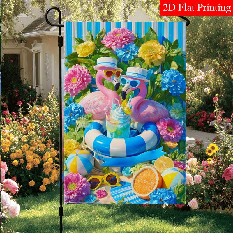 2D Flat - 2D Flat-Hello_ Summer Swimming Pool Flamingo Swimming Circle Garden Flag (2)- Outdoor Garden Flag Double-Sided Home Decoration Courtyard Dec