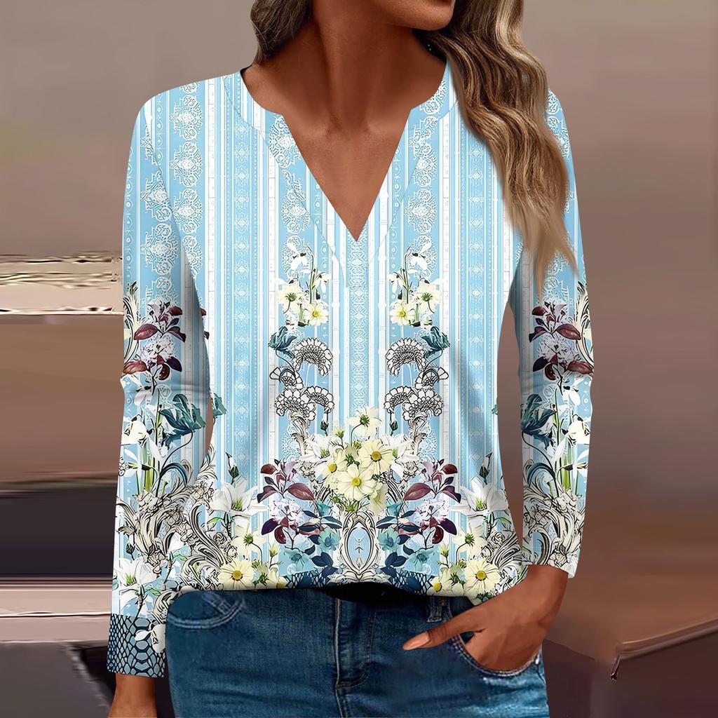 Женская модная повседневная футболка с V-образным вырезом и длинным рукавом, винтажный цветочный принт