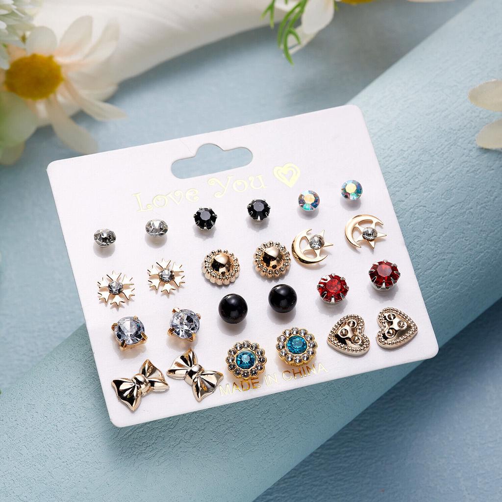 12 Pairs Earrings Set Stud Crystal Pearl Butterfly Flower Heart Women Jewelry