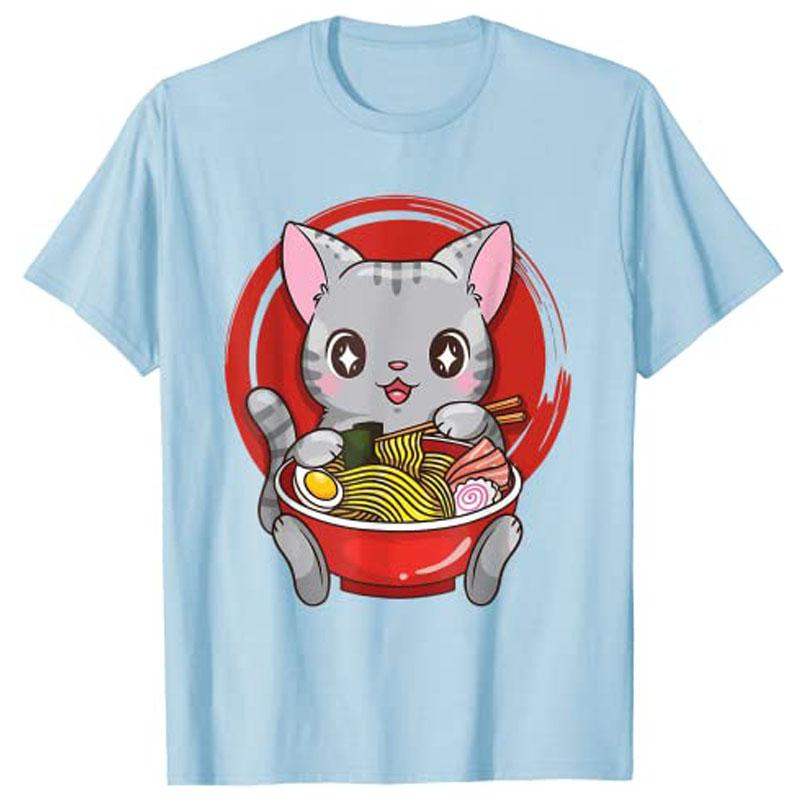 Официальная футболка для подростков RaUnisex с кошкой из аниме Kawaii Neko для японских девушек, одежда в стиле Харадзюку Y2k, котенок ест лапшу, новинка, милая футболка