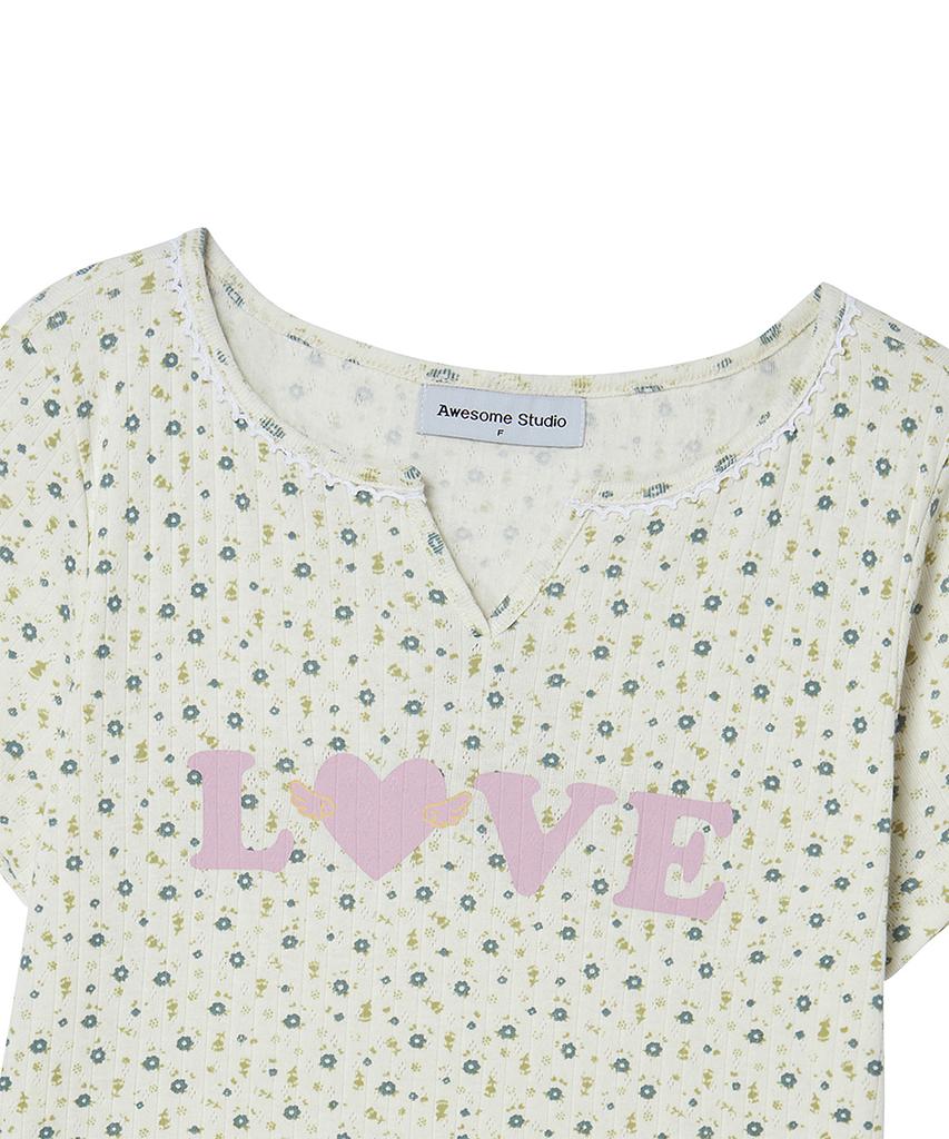 AWESOME STUDIO Flower Pattern Love T-Shirt Light Beige