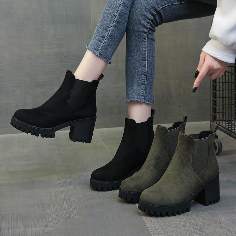 Women's Chunky Heeled Chelsea Boots Plus Size Round Toe Slip On Ankle Boots Women Autumn Winter Comfy Platform Short Botas Mujer