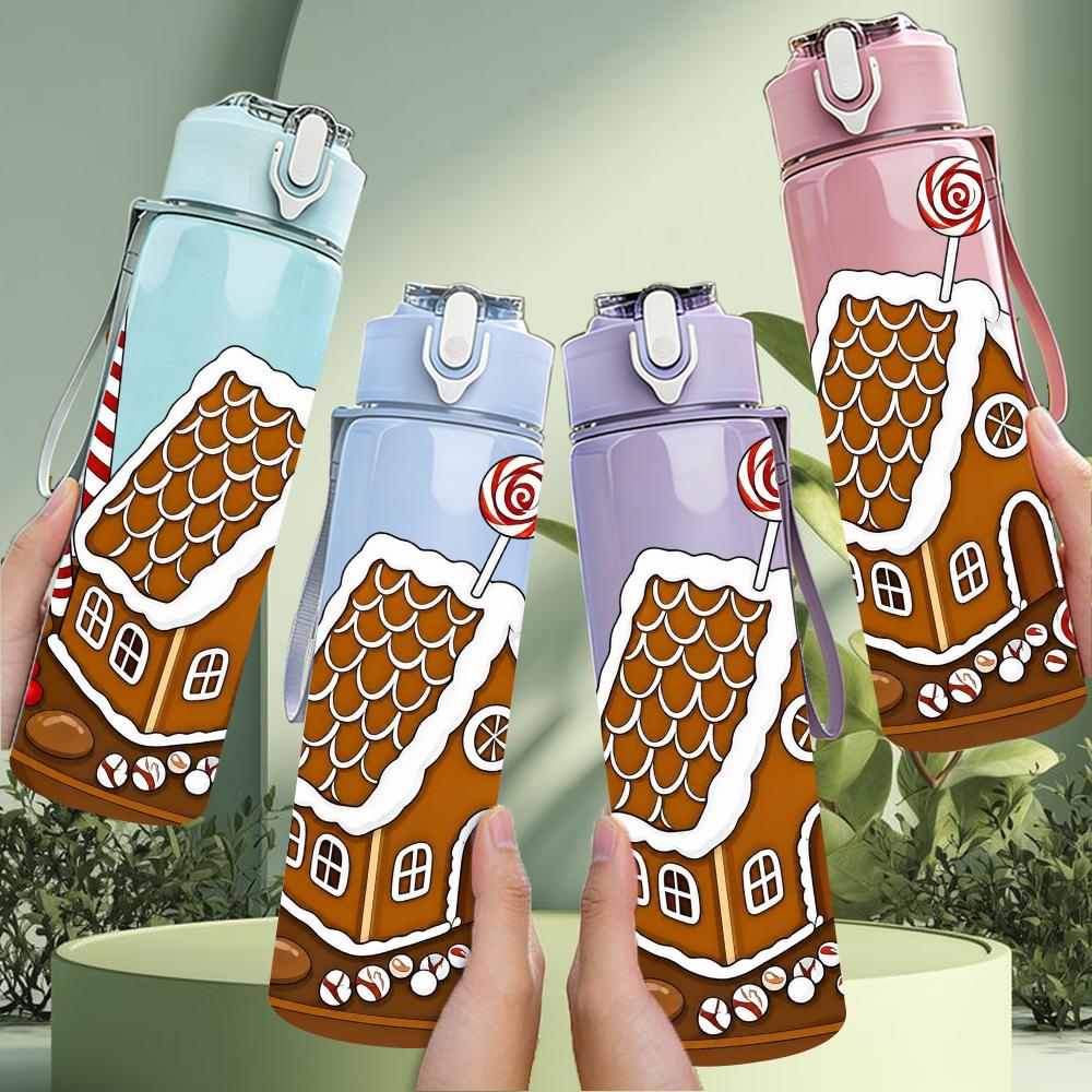 1PC Gingerbread House Candy Cane 750ml Color Plastic Sports Water Bottle Leakproof Flip Straw Lid Suitable for Sports Office Home Use