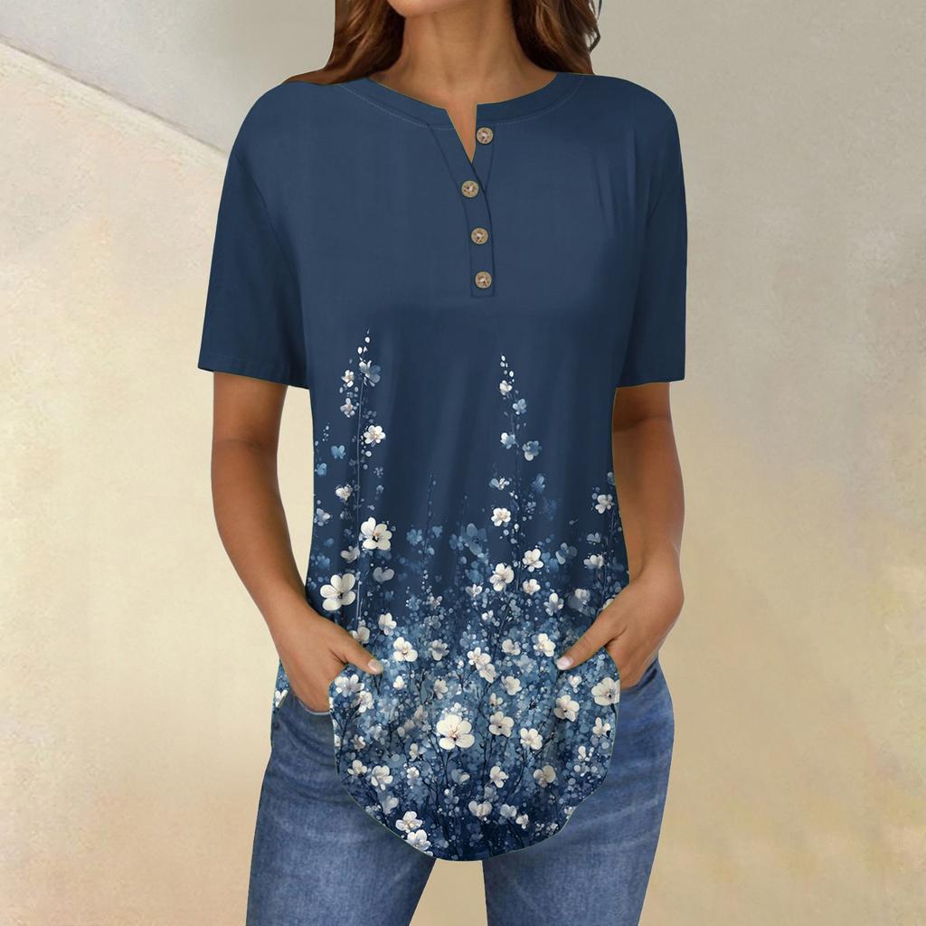 Short Sleeve Womens Tops Summer T-Shirts Floral Print V Neck Casual Basic Tee Button Shirts Tunic Tops