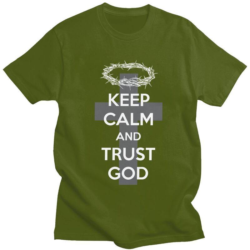 Мужская футболка на заказ с христианским слоганом Keep Calm And Trust God, 100% хлопок, короткий рукав, свободный крой