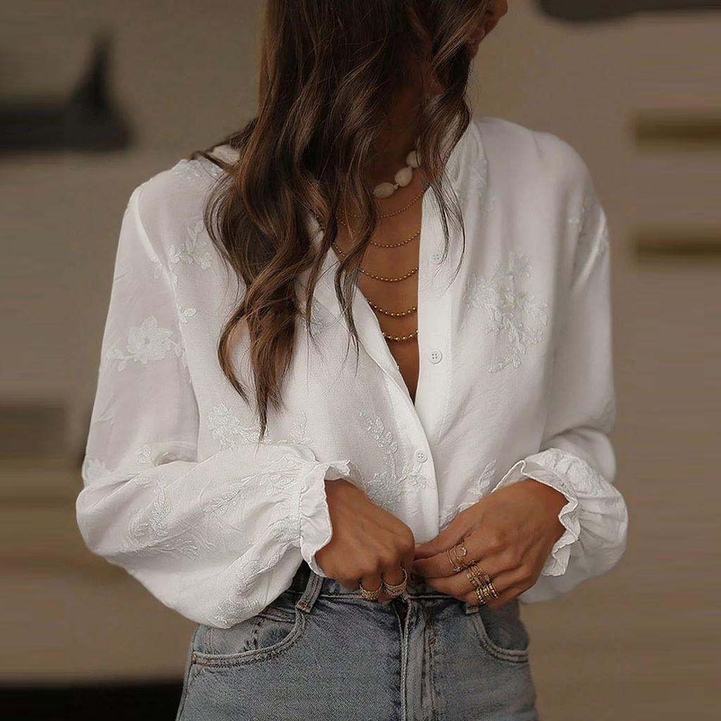 Женский модный кардиган с рукавами-буфами, воротником с оборками и вышитой повседневной рубашкой-топом