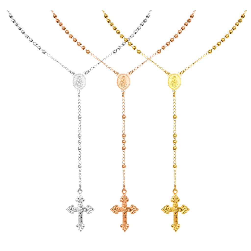 Rosary Beads Cross Necklace for Women, Stainless Steel Crucifix Virgin Mary Y Shape Necklaces Jewelry