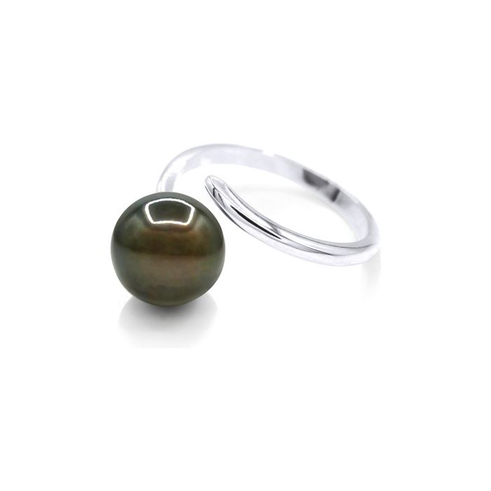 Bague - Pearls & Colors - Perle de Culture de Tahiti 10-11 mm Ronde - Or Blanc 375/1000 - Qualité A+ - Femme