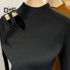 Women Fall Winter Top Thick Knitted Half High Collar Long Sleeve Slim Fit Solid Color Hollow Out Elastic Pullover Soft Warm One Size Lady Sweater