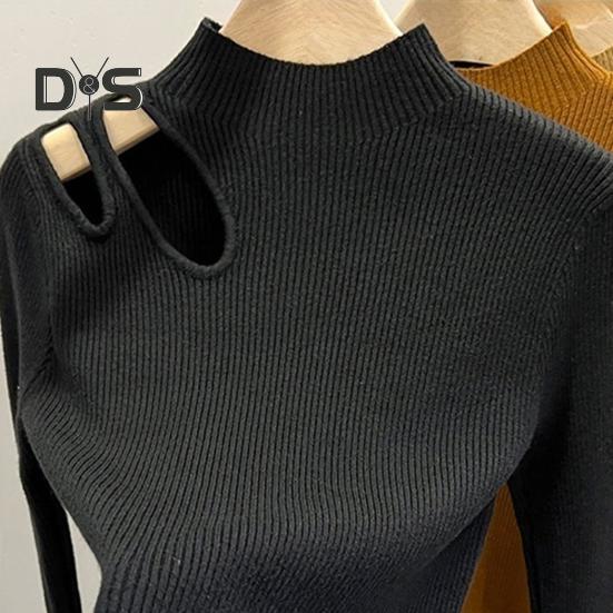 Women Fall Winter Top Thick Knitted Half High Collar Long Sleeve Slim Fit Solid Color Hollow Out Elastic Pullover Soft Warm One Size Lady Sweater
