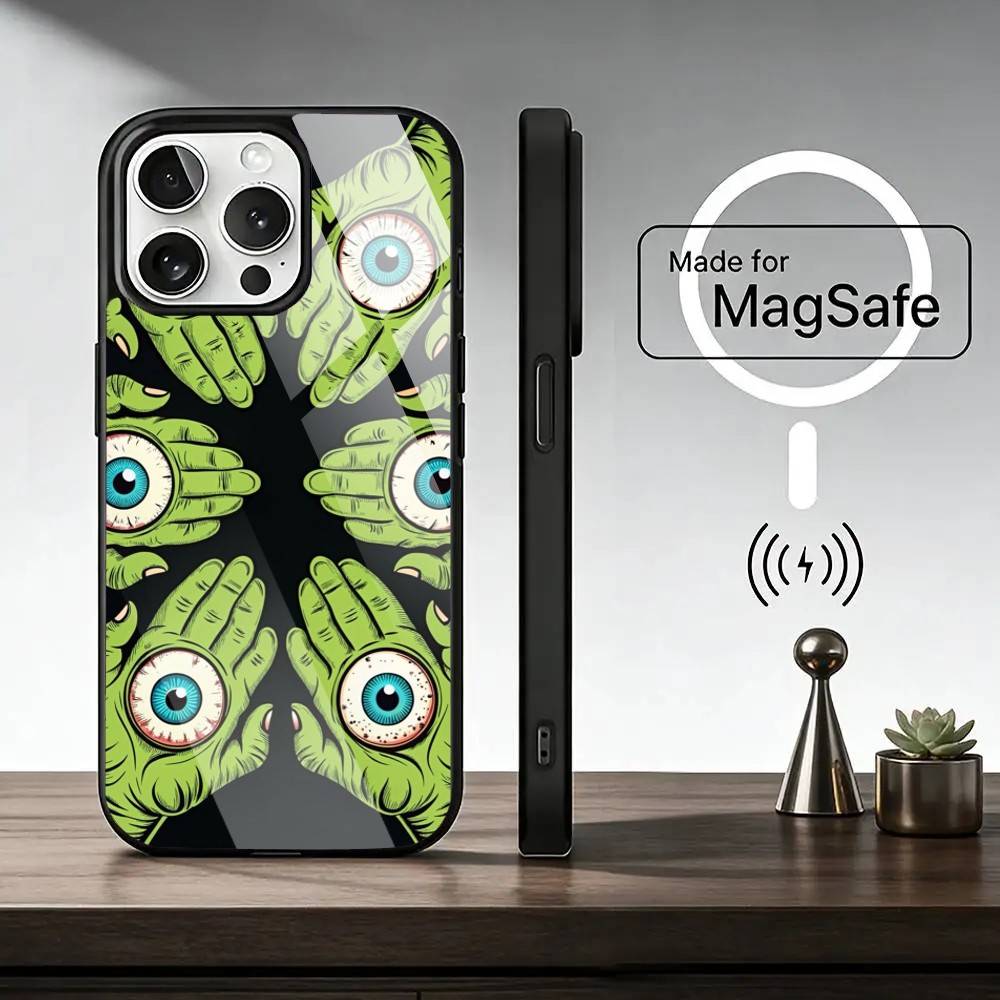 Модный Чехол для Телефона с Принтом 'Большие Глаза' и Линиями Для iPhone17,16,15,14,13,12,11 Plus,Pro Магнитный Для Magsafe Беспроводной Зарядки