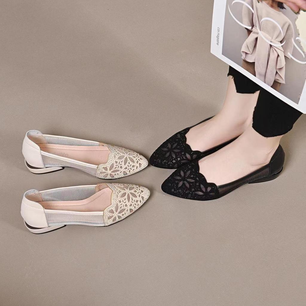 Hollow Out Sparkling Diamond Pointed Shoes for Women Spring and Summer Shoes with Thick Heels and Soft Soles Single Shoes