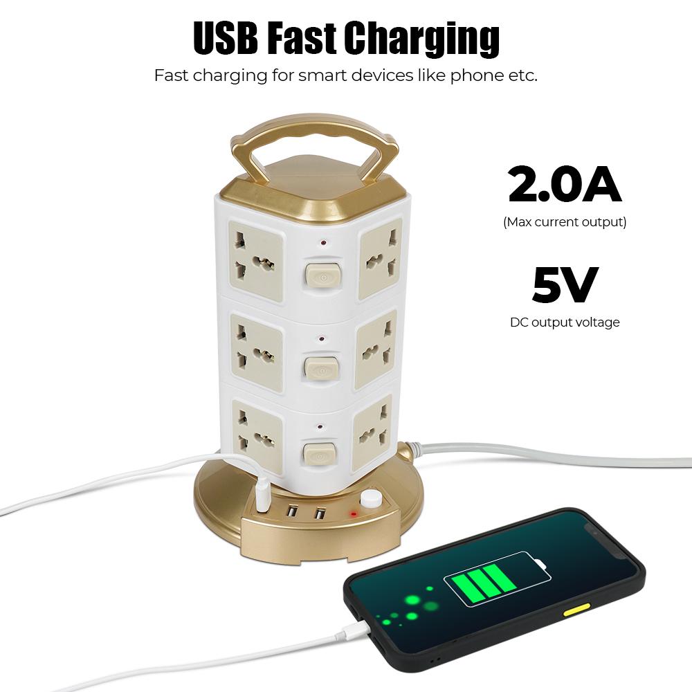 With 3 USB Tower Multi Power Strip 1.8m Cord Overload Protector Vertical 12 Way Outlets EU US UK AU Universal Socket EU Plug