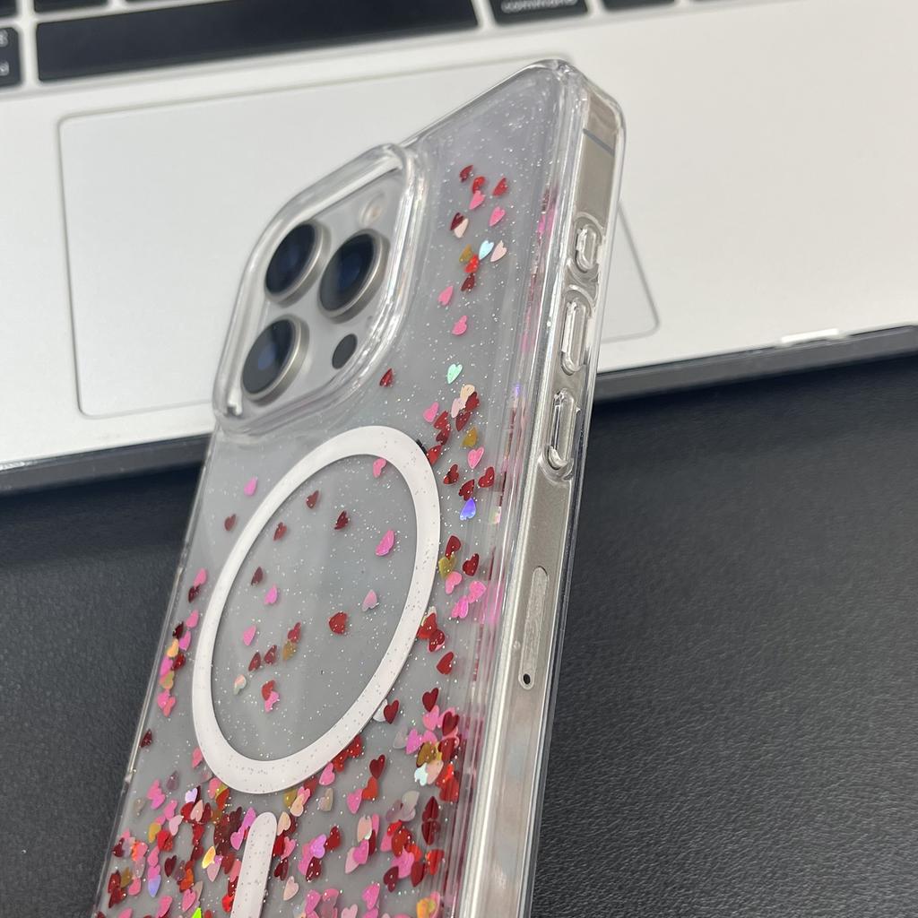 MOBEST For iPhone 16 Pro Magnetic Case Heart Shape Glitter Design TPU+PC Phone Cover