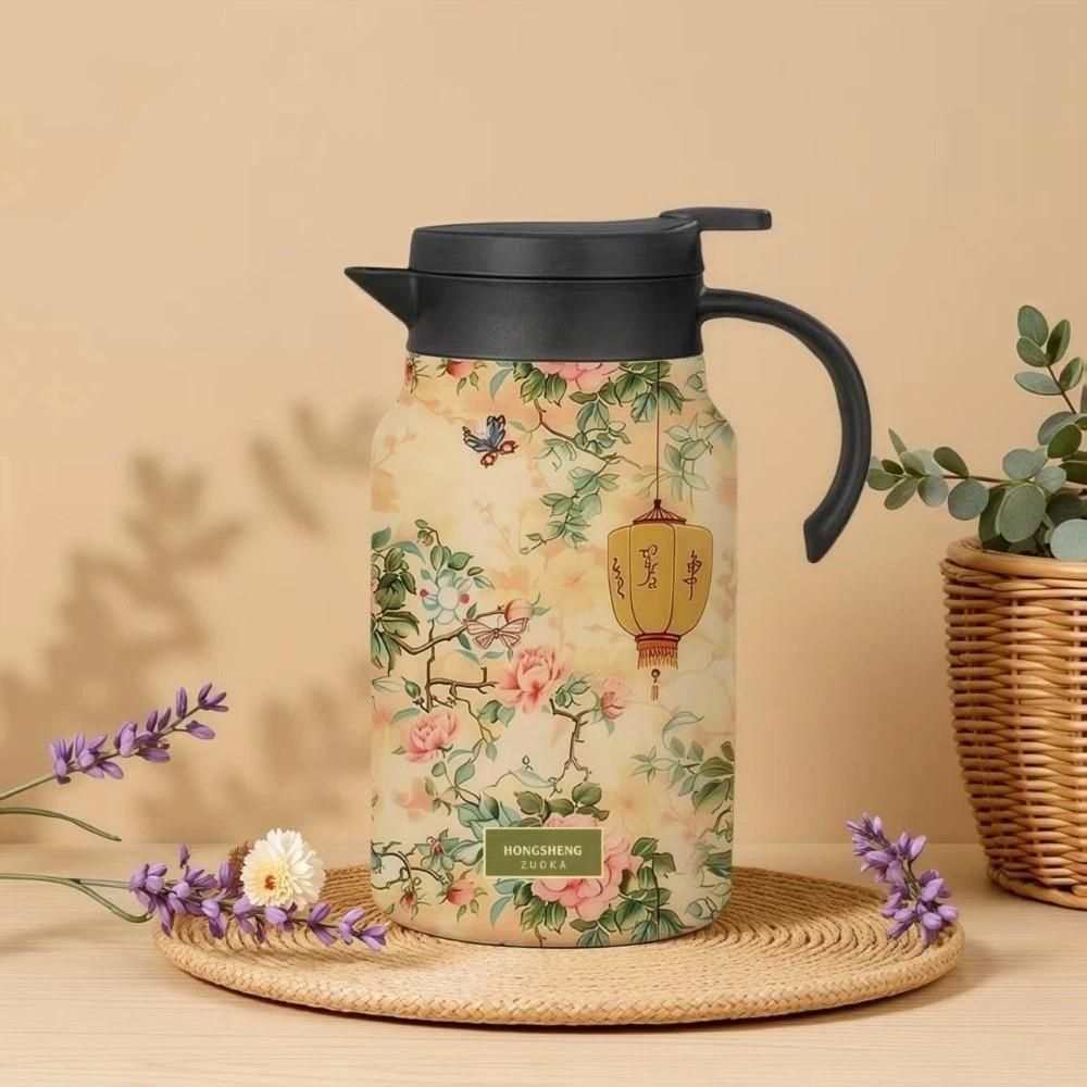 Chinese Style Retro Flower Insulated Kettle Hot Water Stainless Steel Vacuum Flask Vintage Floral Printing Water Cup for Outdoor