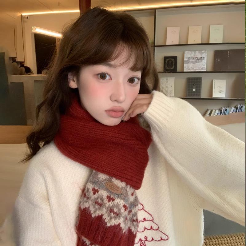 New Wool Red Scarf Women's Winter Atmosphere To Keep Warm Fair Island Christmas Knitted Scarf